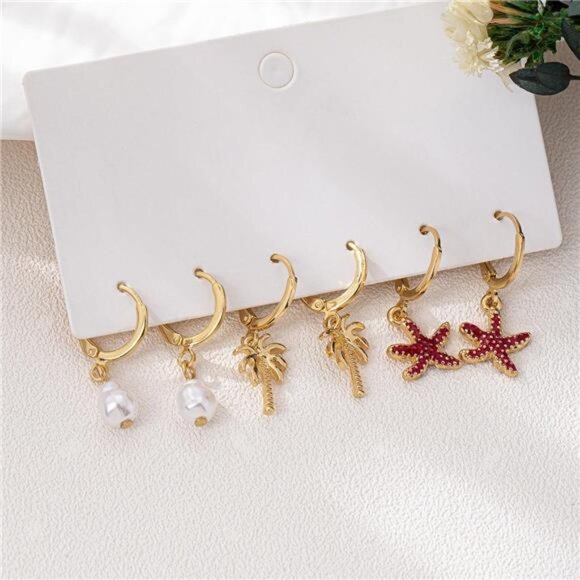 3-Pair 18K Gold-Plated Alloy Drop Earrings - Picture 4 of 5